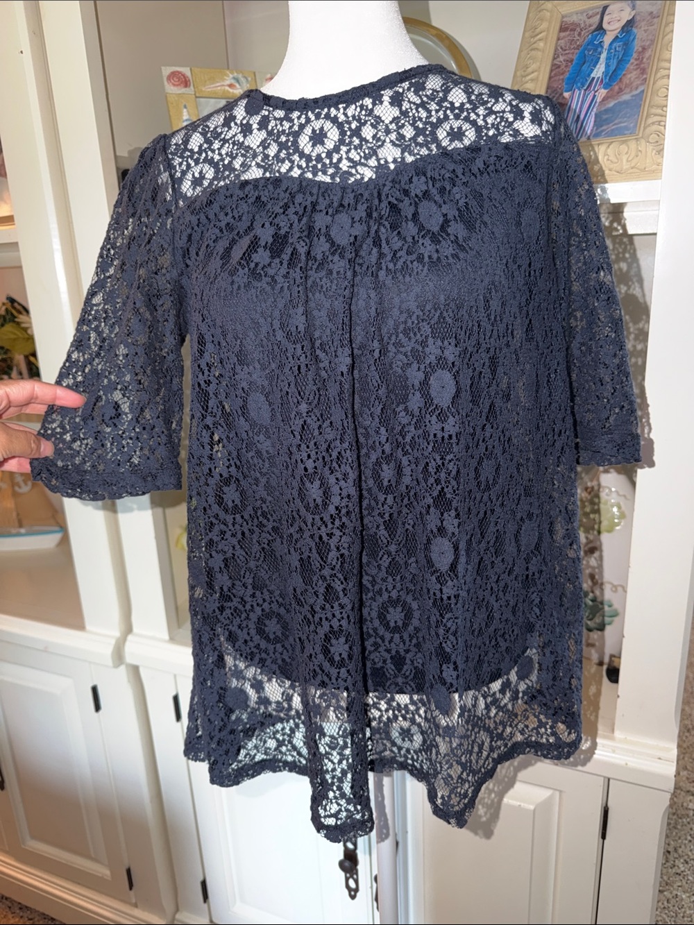 Monteau Navy Lace Sheer Blouse